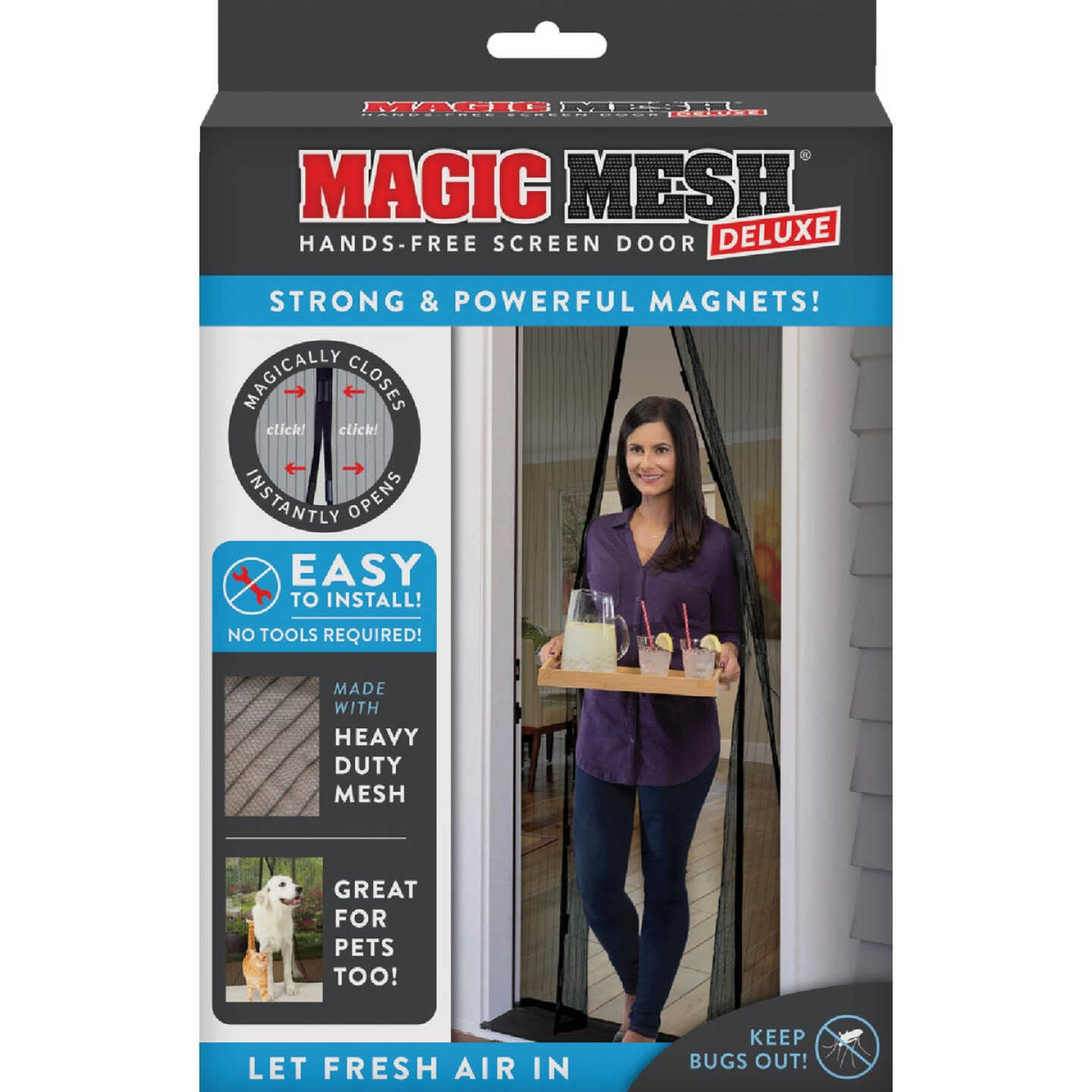 Magic Mesh Deluxe- Black- Hands Free Magnetic Screen Door, Mesh Curtain  Keeps Bugs Out, Frame Hook & Loop, Hands Free, Pet & Kid Friendly- Fits  Doors